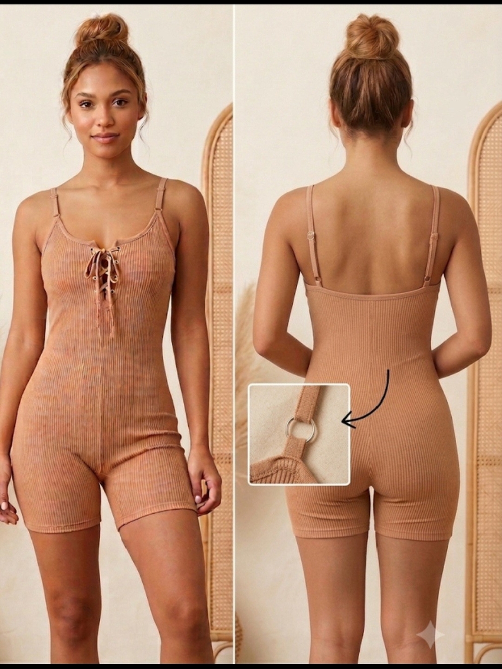 NWOT Almost Famous Ribbed Lace-Up Romper Bodysuit Tan Camel L